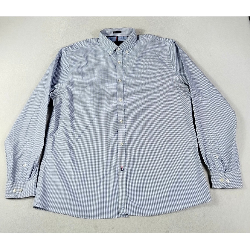 Tommy Hilfiger Dress Shirt Mens 17 34/35 Blue Micro Check Business Casual Officw